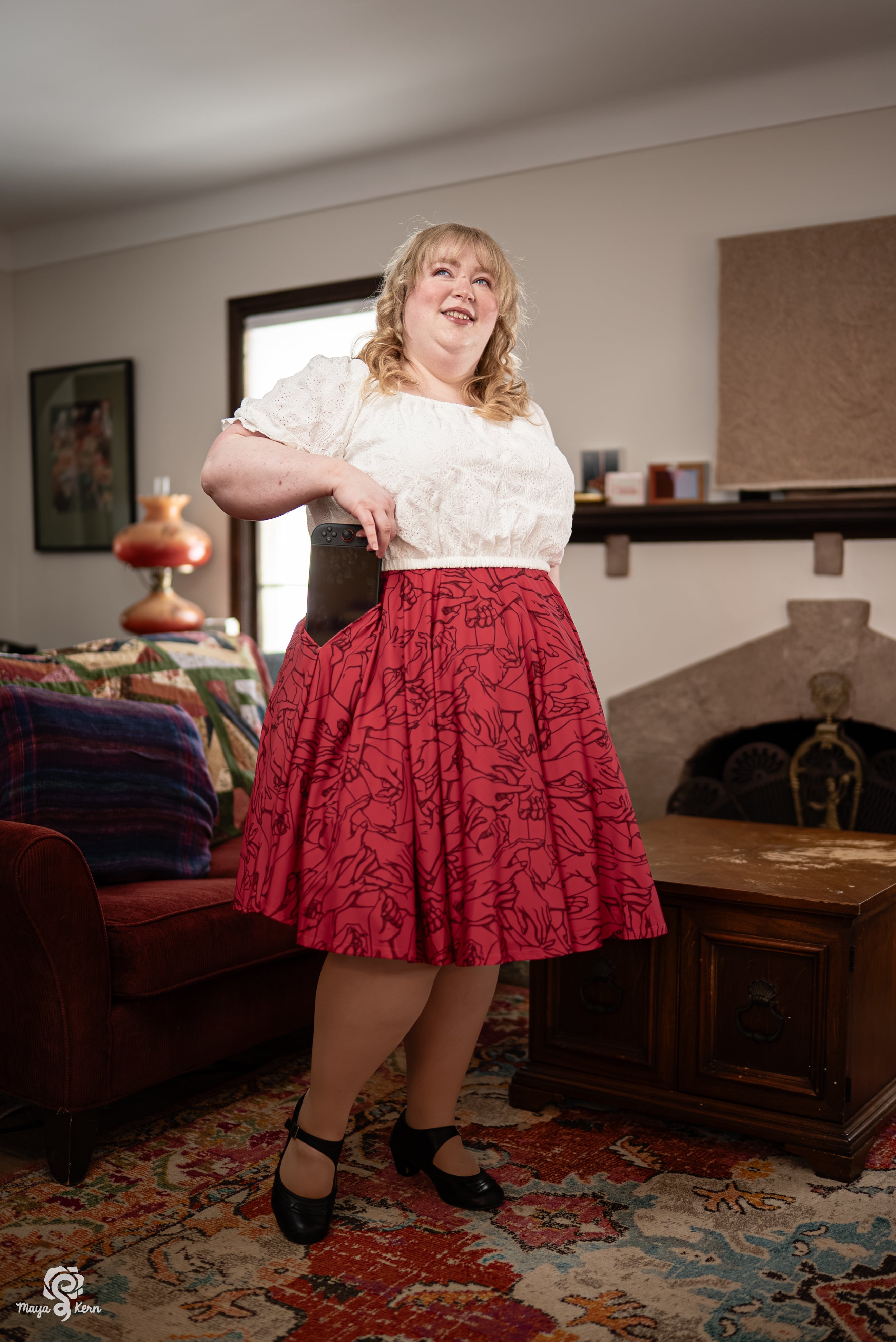 Hands Red Midi Skirt