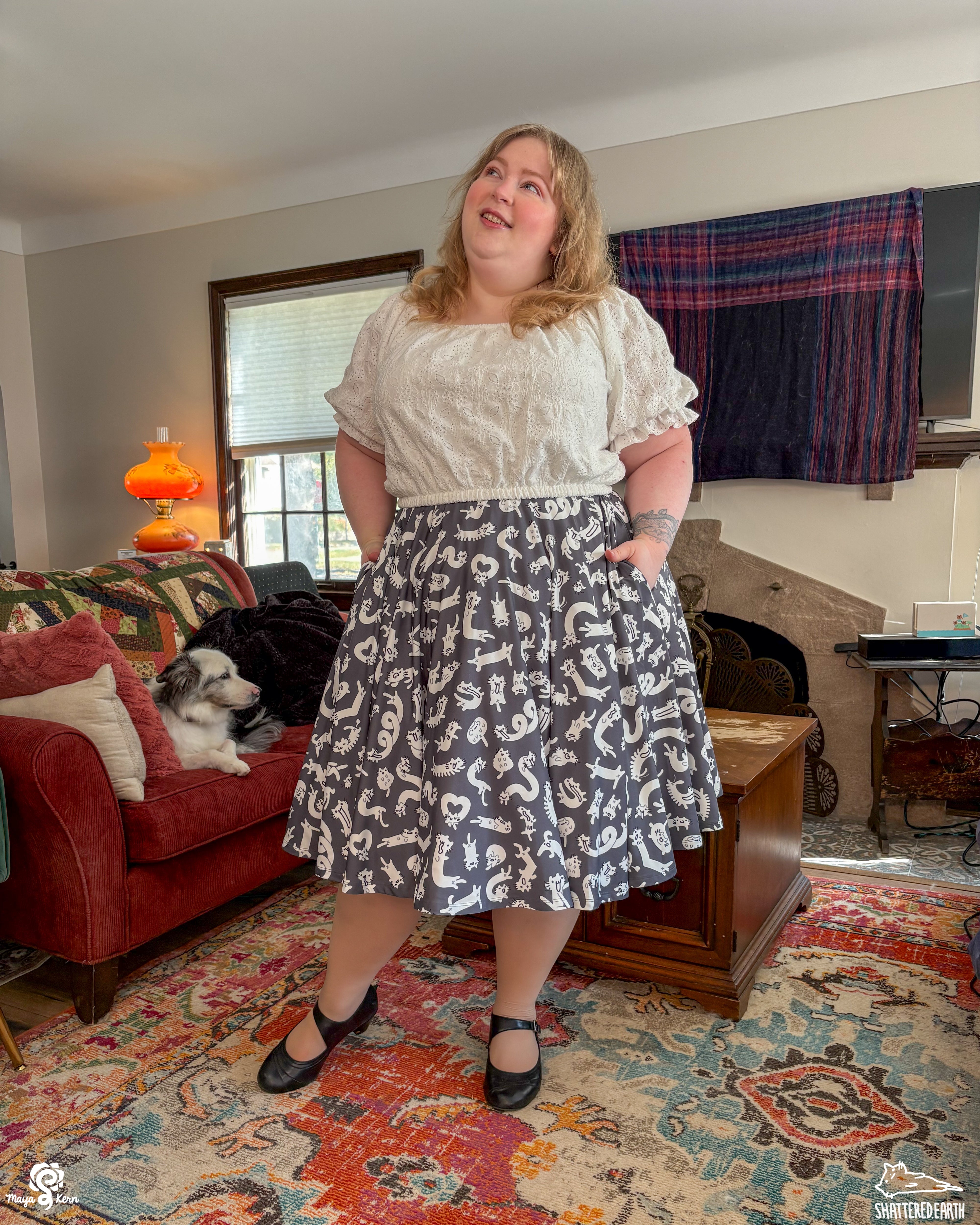 COLLAB: Shattered-Earth Squiggle Cats Midi Skirt