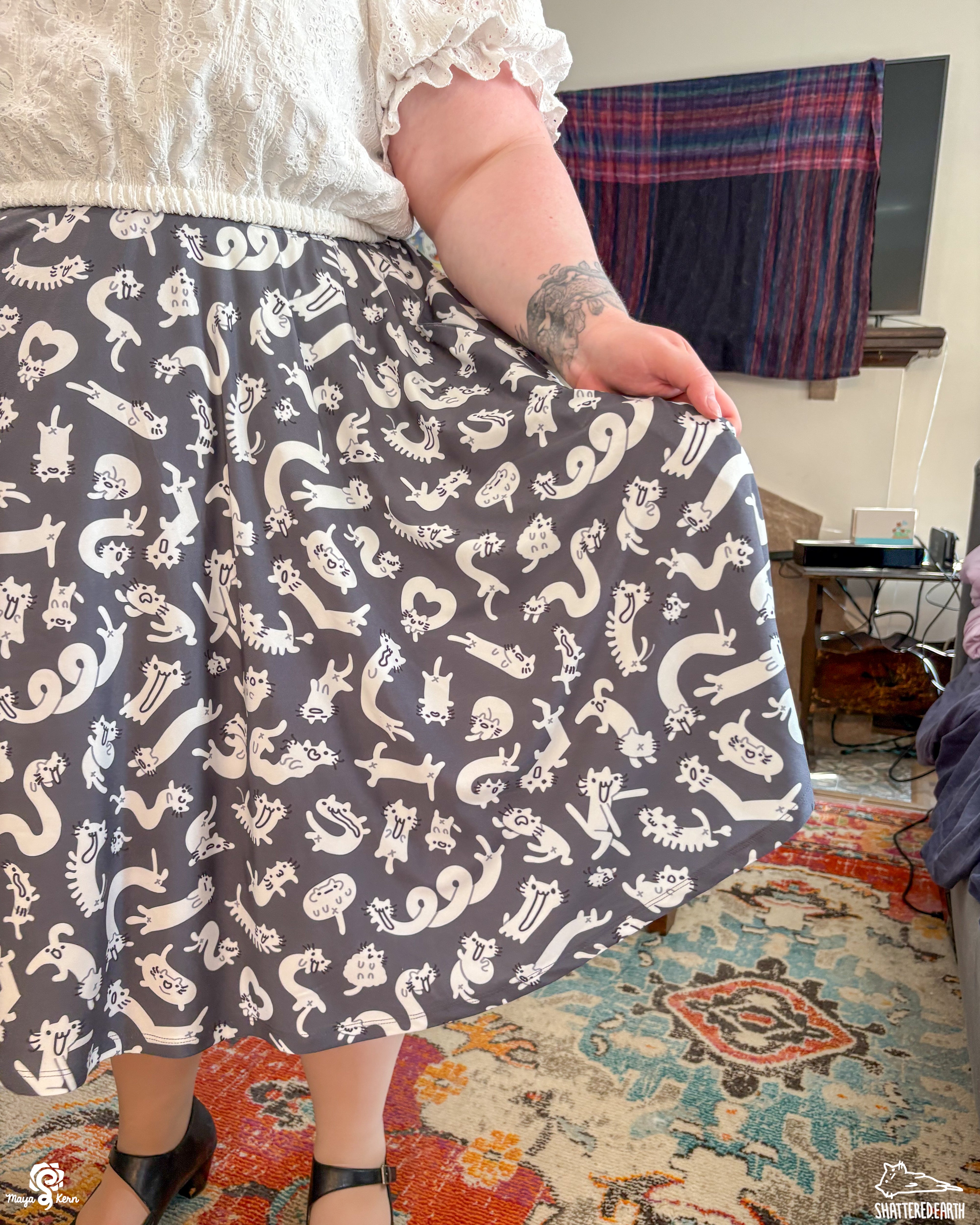 COLLAB: Shattered-Earth Squiggle Cats Midi Skirt