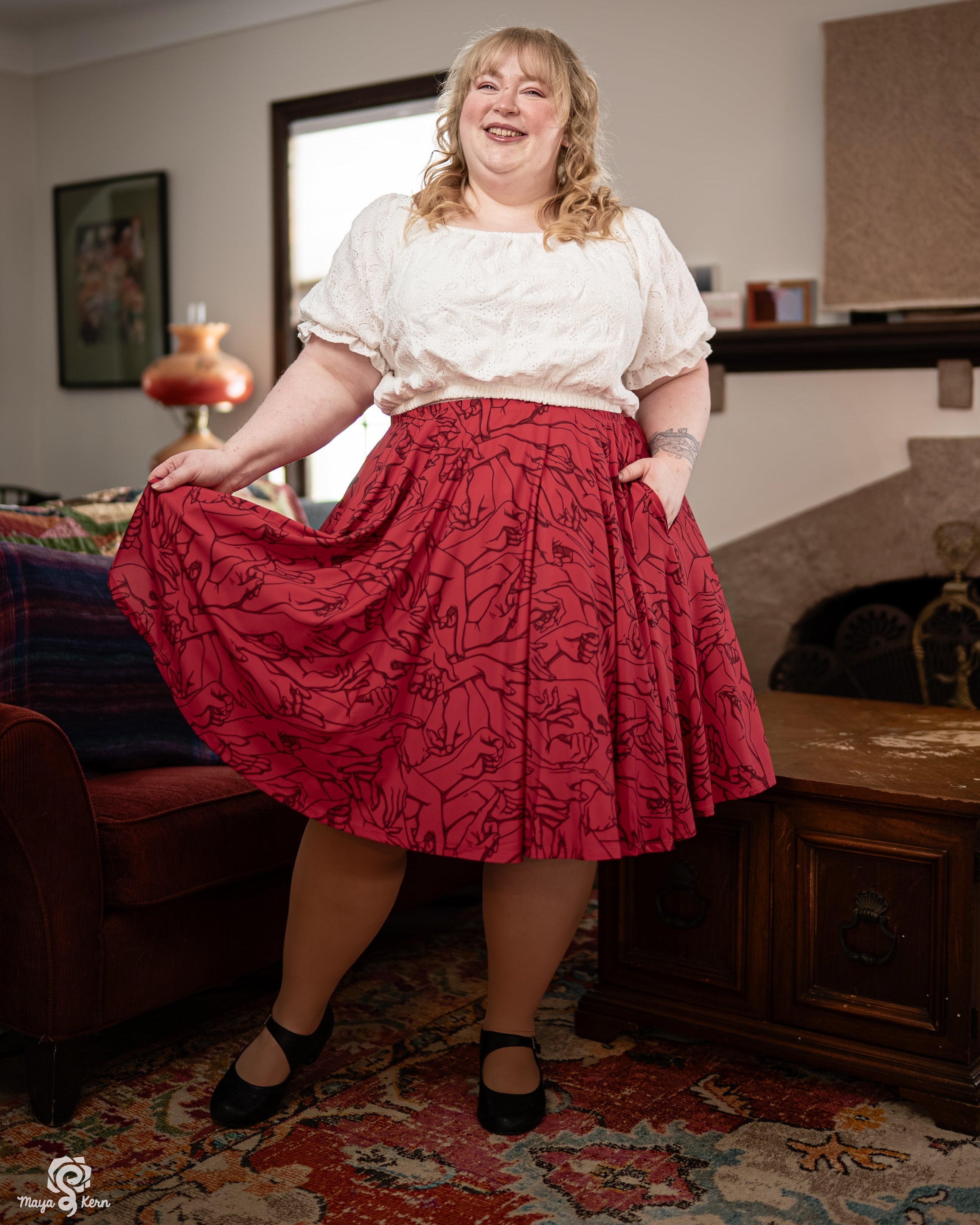 Hands Red Midi Skirt