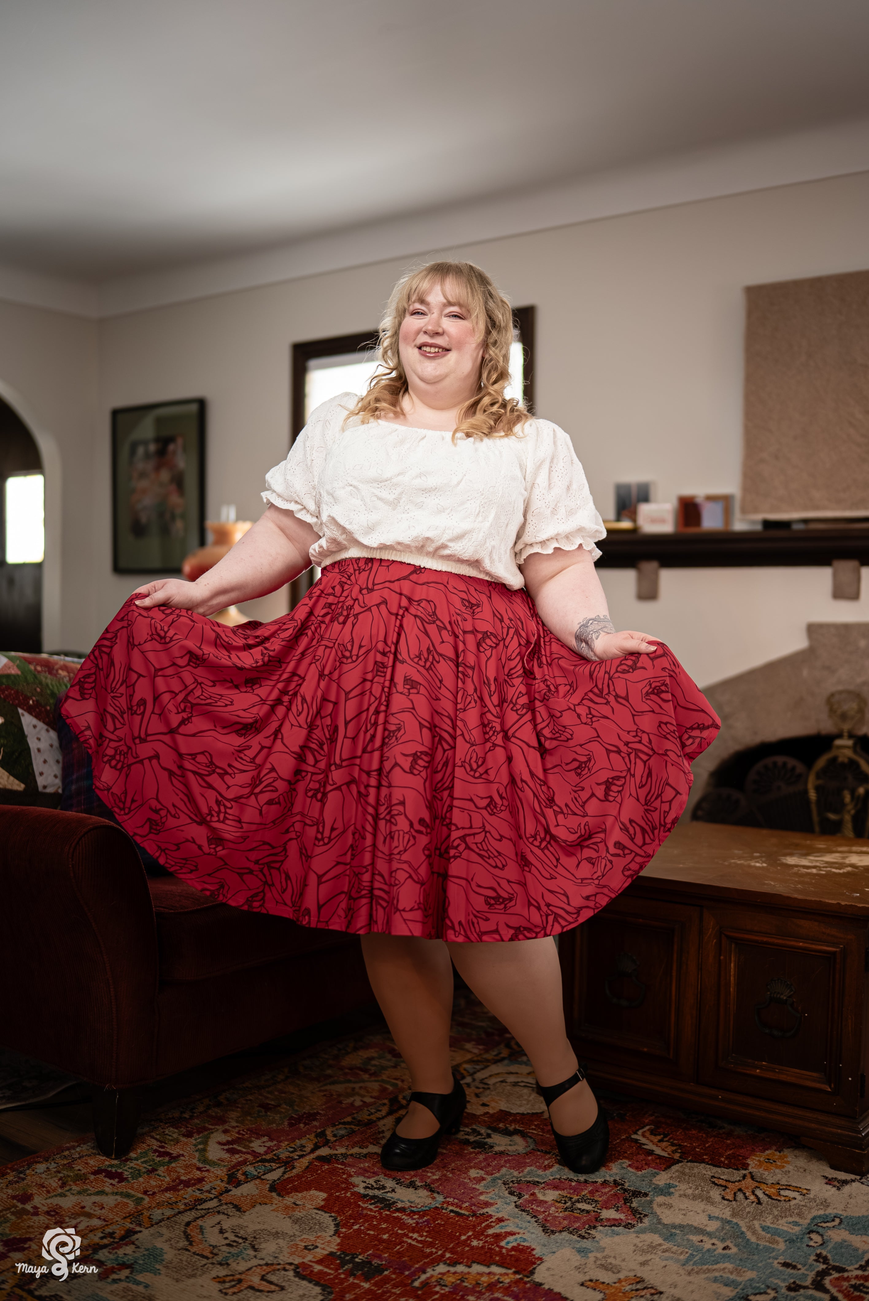 Hands Red Midi Skirt