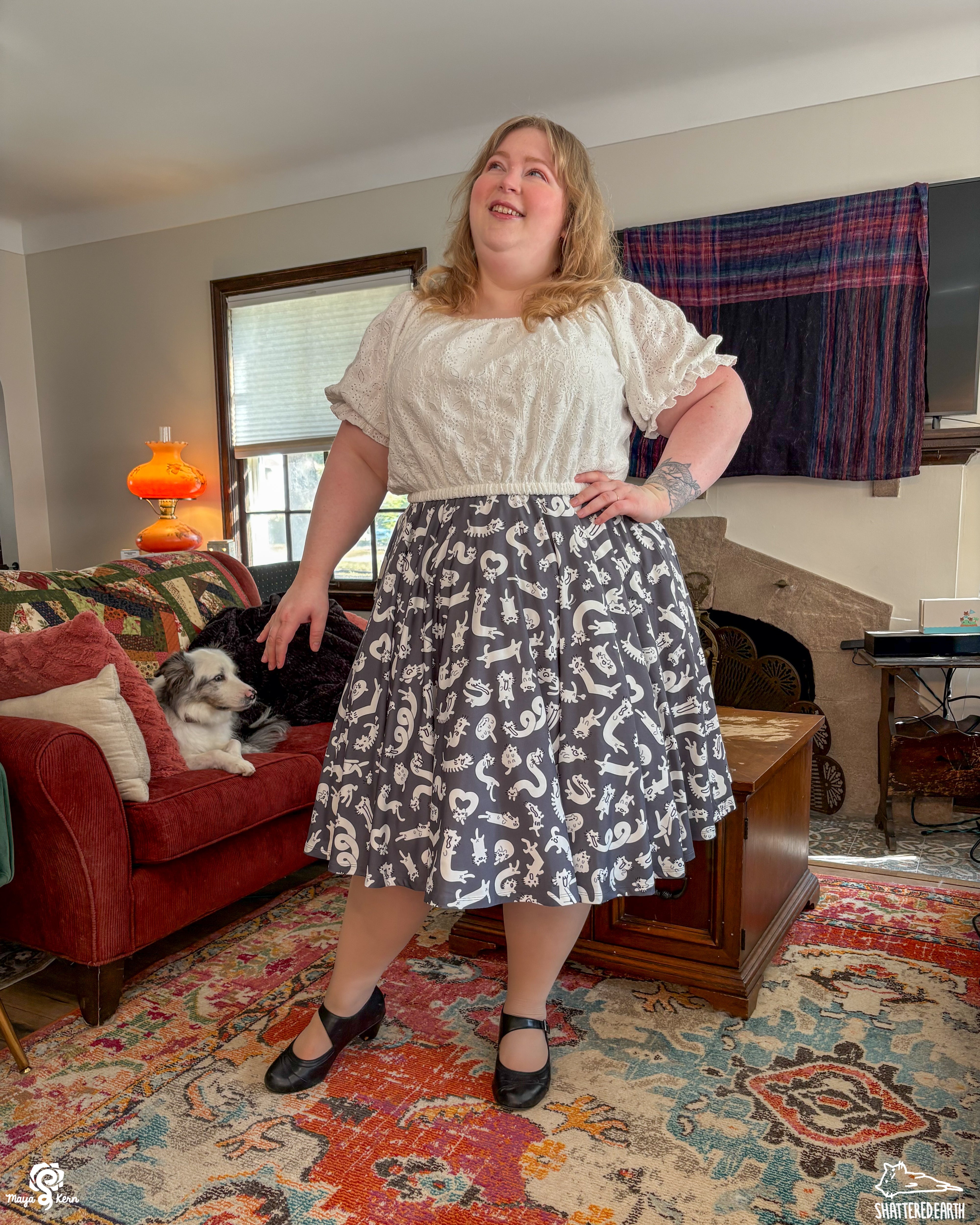 COLLAB: Shattered-Earth Squiggle Cats Midi Skirt — FINAL SALE