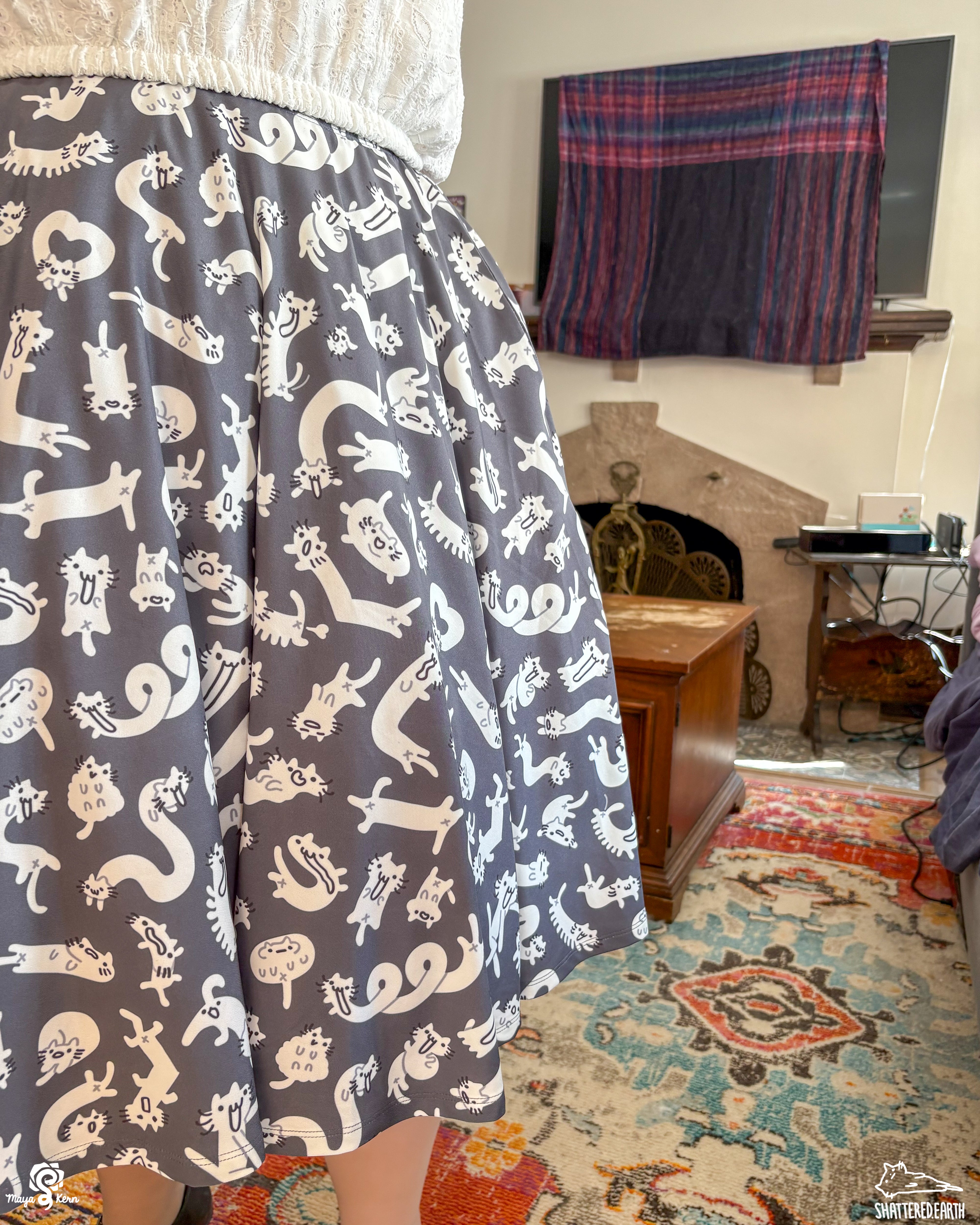 COLLAB: Shattered-Earth Squiggle Cats Midi Skirt