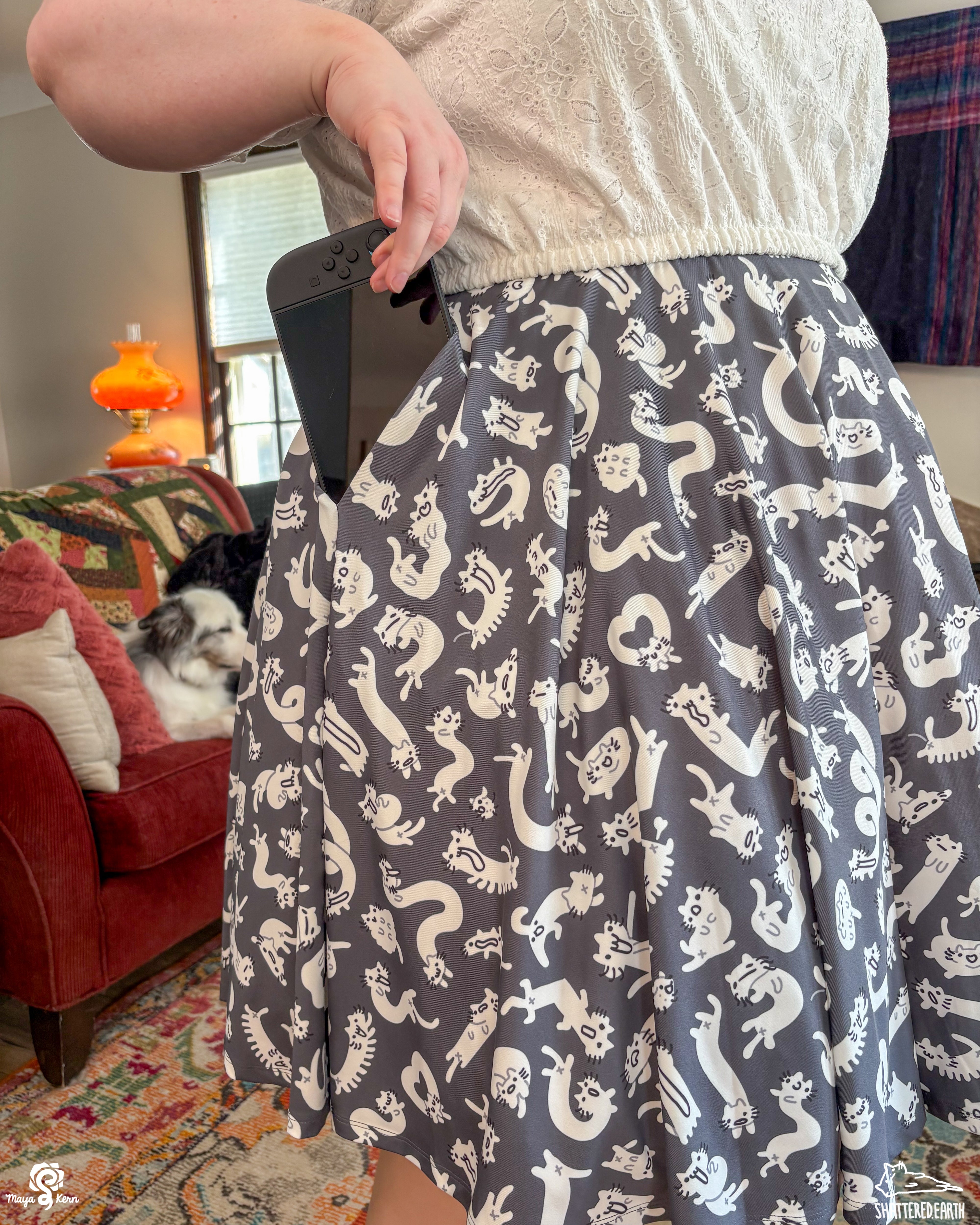 COLLAB: Shattered-Earth Squiggle Cats Midi Skirt